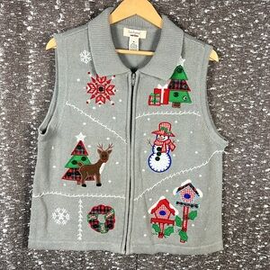 Bechamel Woman‎ Gray Christmas Snowman Zip Front Holiday Vest Size Medium
